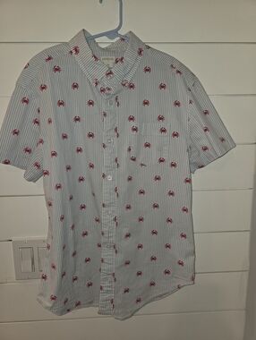 Crew Cuts Blue and White Stripe Short-Sleeve Shirt with Red Crab Motif